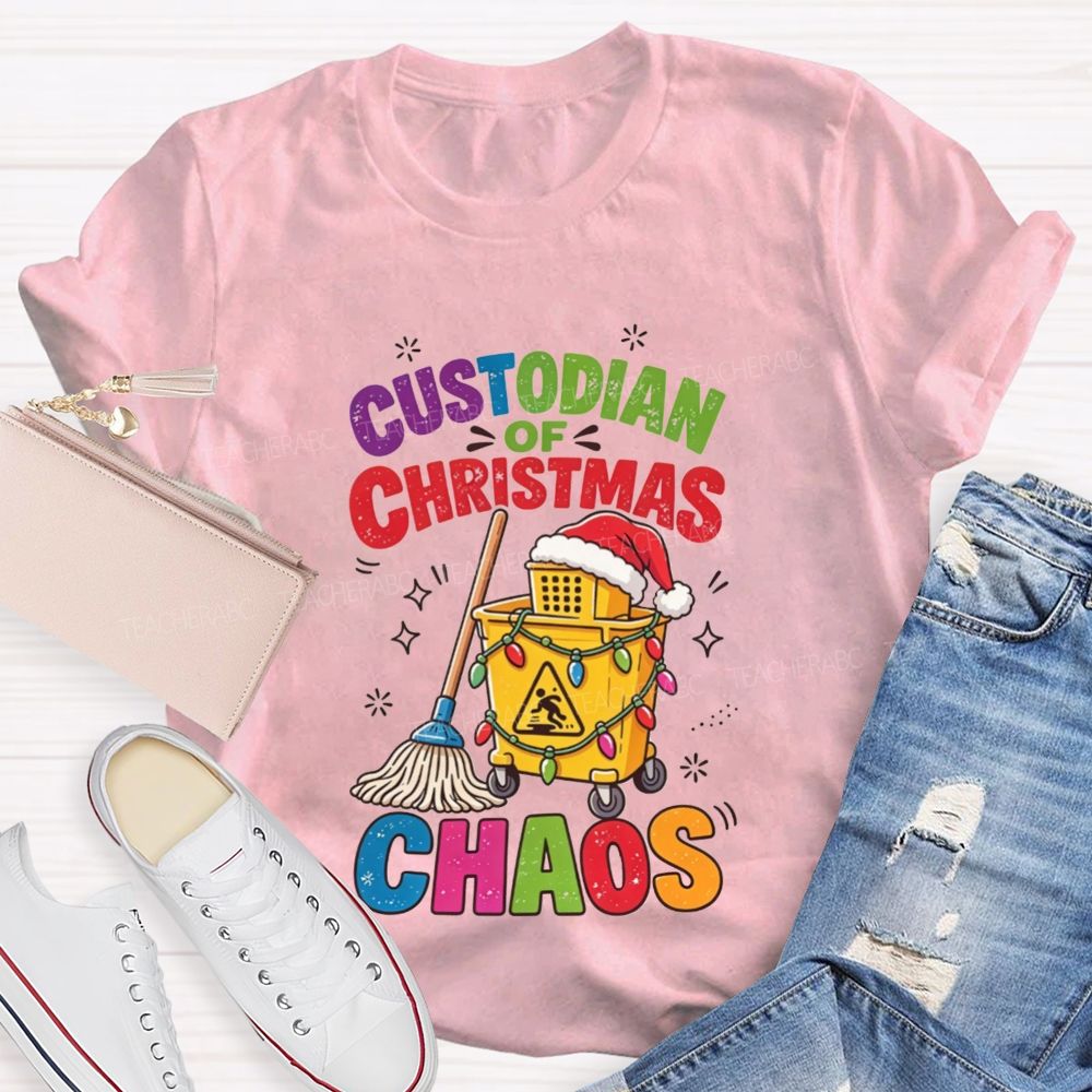 Custodian Of Christmas Santa Hat Cleaning Cart Mop Holiday T-shirt