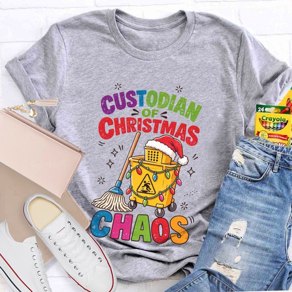 Custodian Of Christmas Santa Hat Cleaning Cart Mop Holiday T-shirt