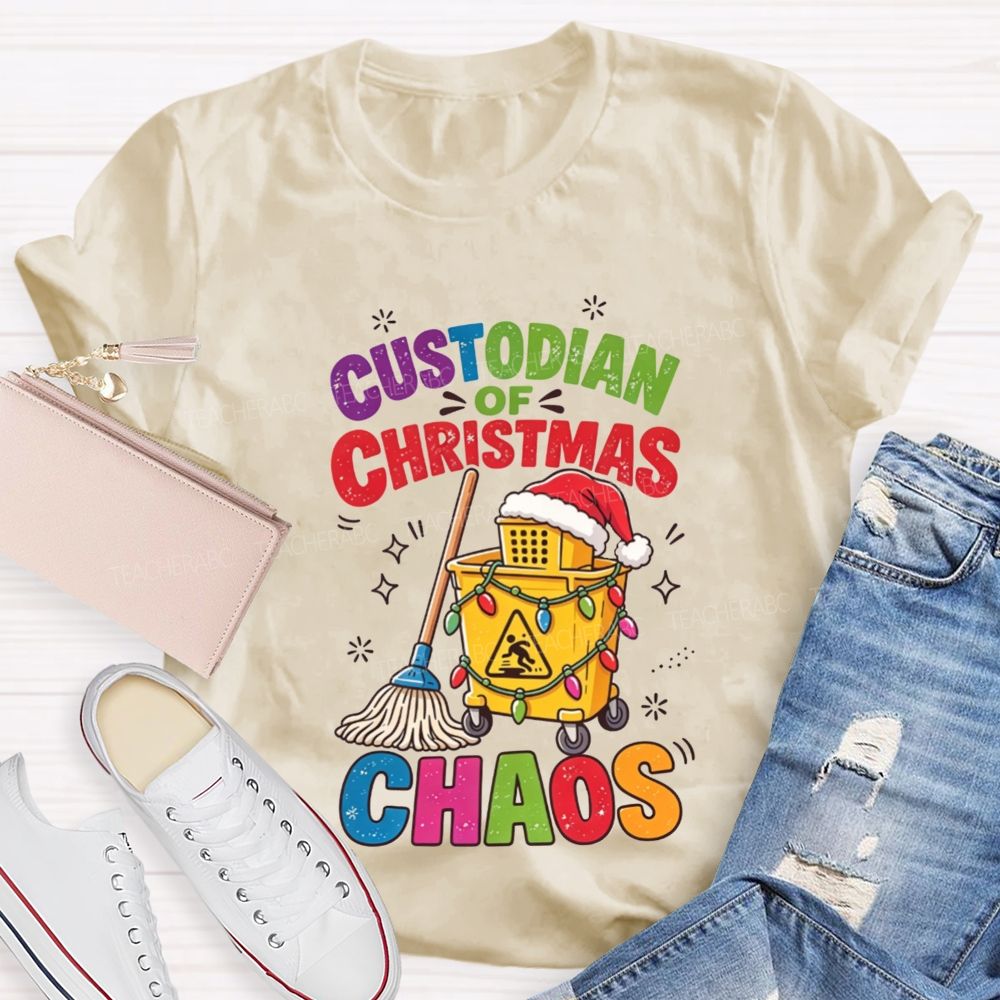 Custodian Of Christmas Santa Hat Cleaning Cart Mop Holiday T-shirt