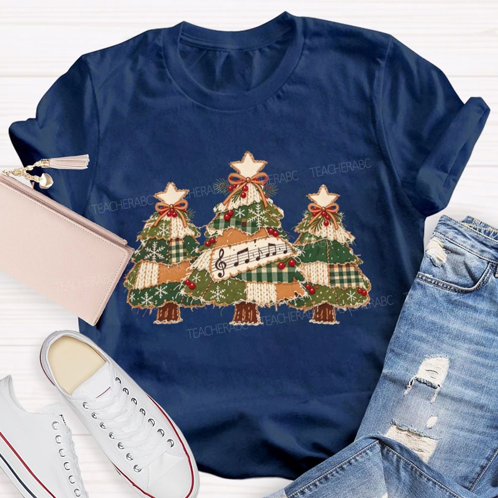 Patchwork Christmas Trees Music Notes Music Teacher Christmas T-shirt