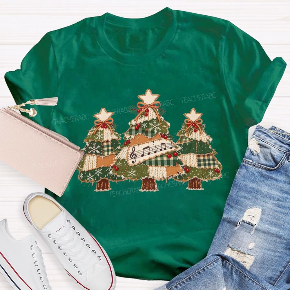 Patchwork Christmas Trees Music Notes Music Teacher Christmas T-shirt