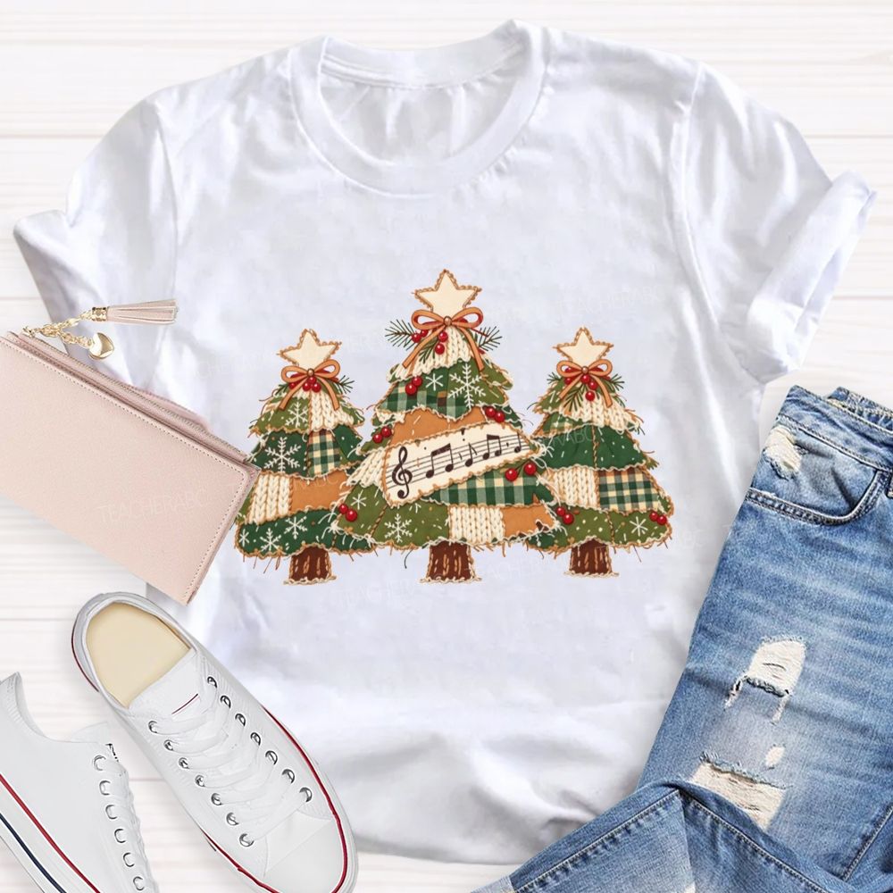 Patchwork Christmas Trees Music Notes Music Teacher Christmas T-shirt