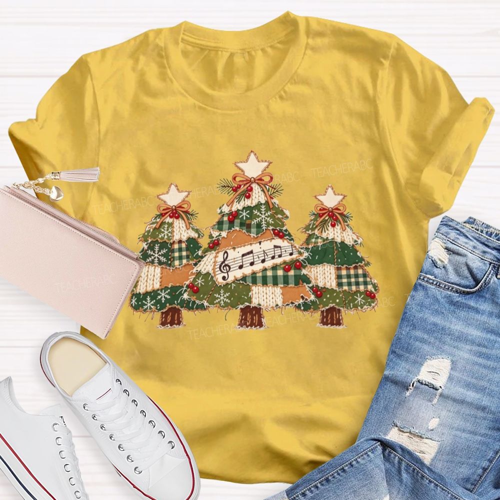Patchwork Christmas Trees Music Notes Music Teacher Christmas T-shirt