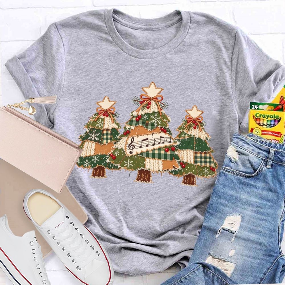 Patchwork Christmas Trees Music Notes Music Teacher Christmas T-shirt