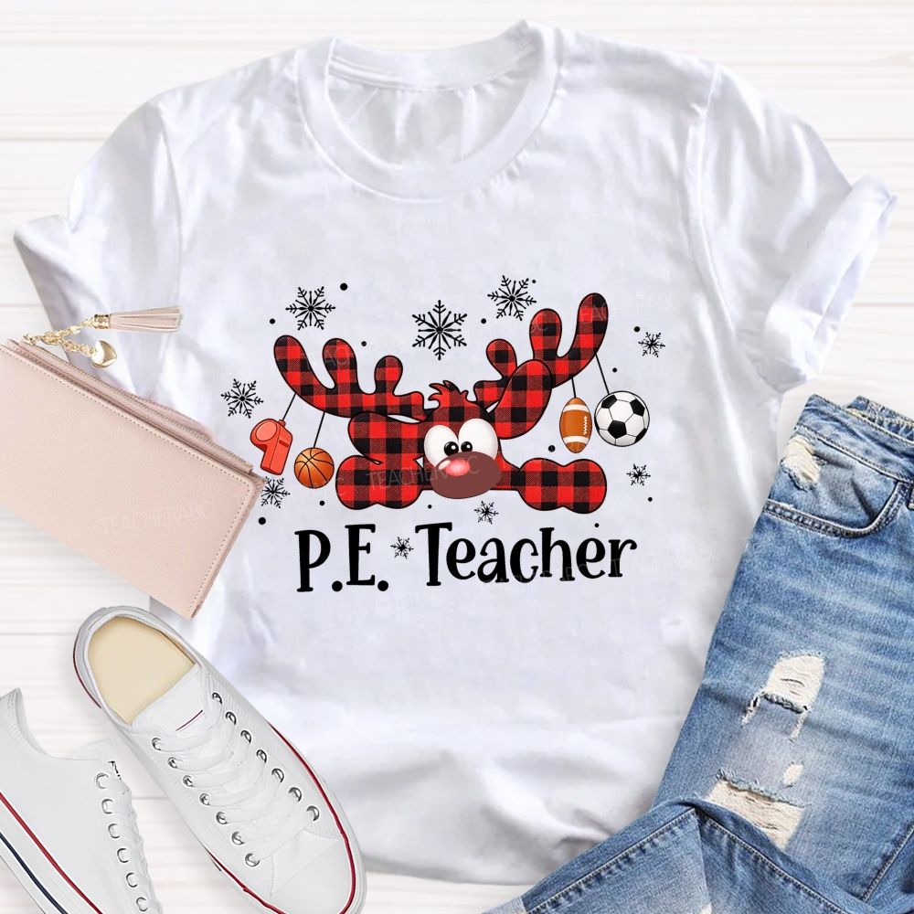 Pe Teacher Christmas Reindeer Sport Balls Reindeer Teacher T-shirt