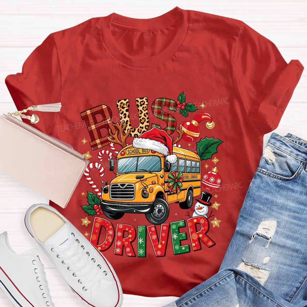 School Bus Driver Christmas Leopard Plaid T-shirt