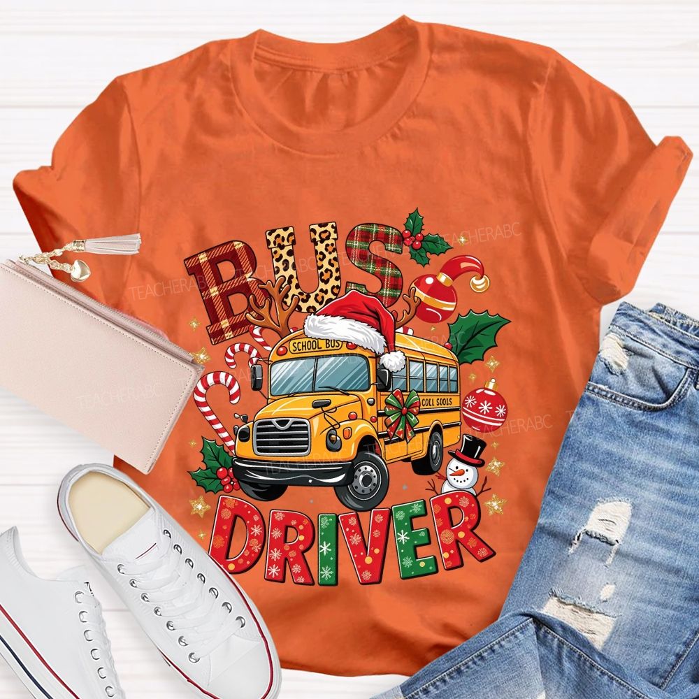School Bus Driver Christmas Leopard Plaid T-shirt
