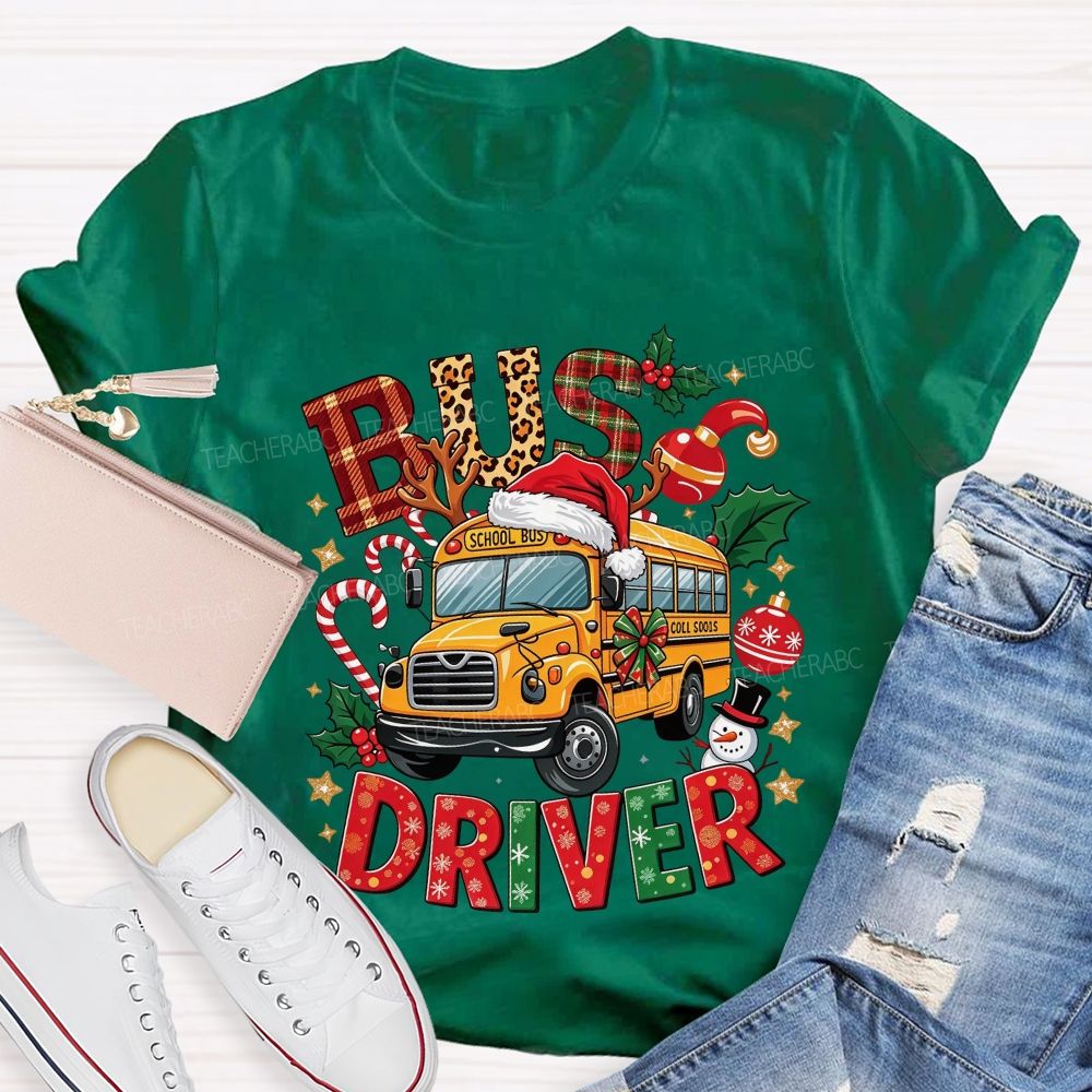 School Bus Driver Christmas Leopard Plaid T-shirt
