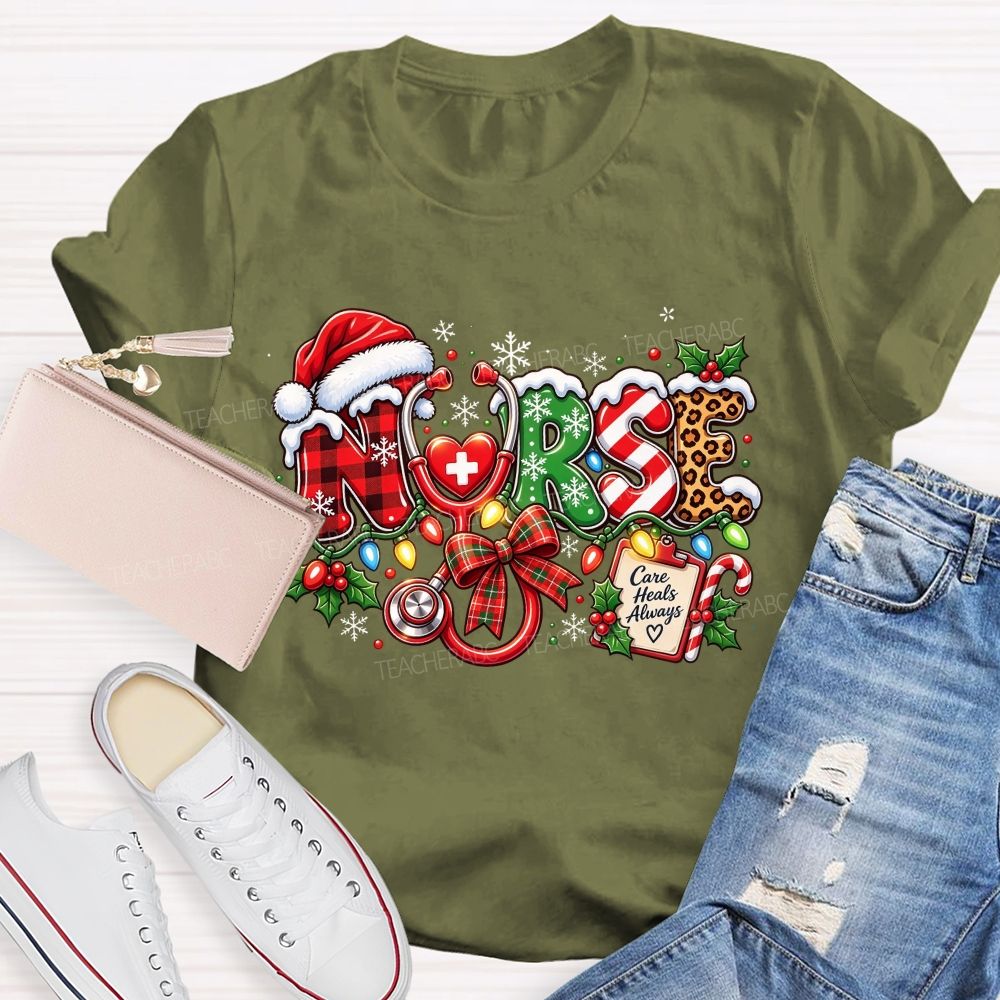 Care Heals Always Nurse Christmas Stethoscope T-shirt