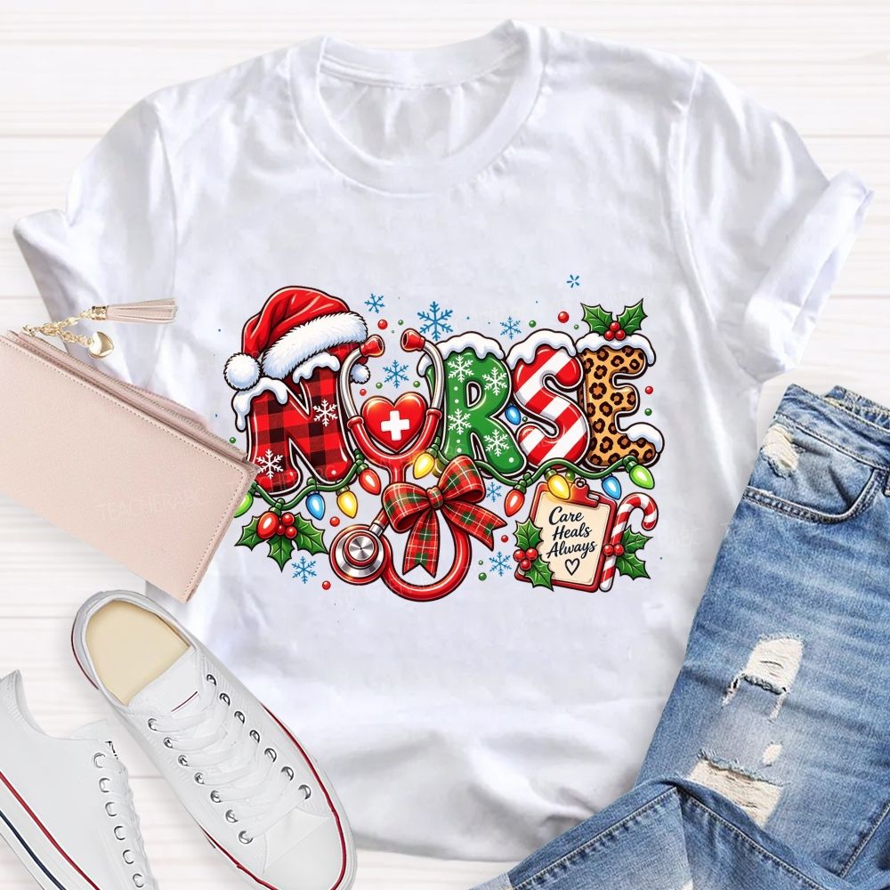Care Heals Always Nurse Christmas Stethoscope T-shirt