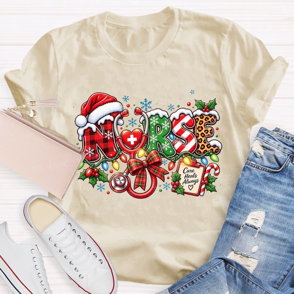 Care Heals Always Nurse Christmas Stethoscope T-shirt