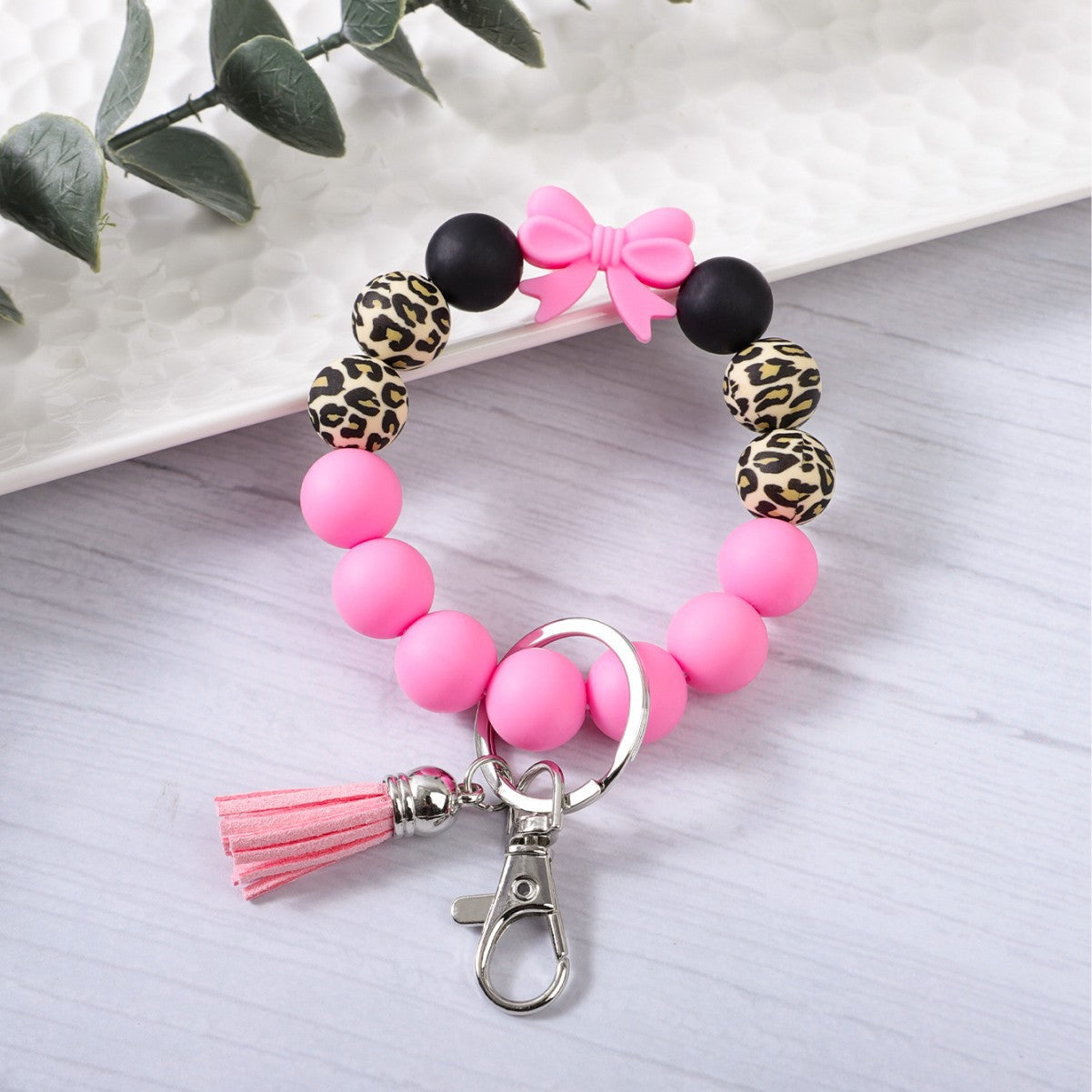 Colorful bow leopard print bracelet keychain
