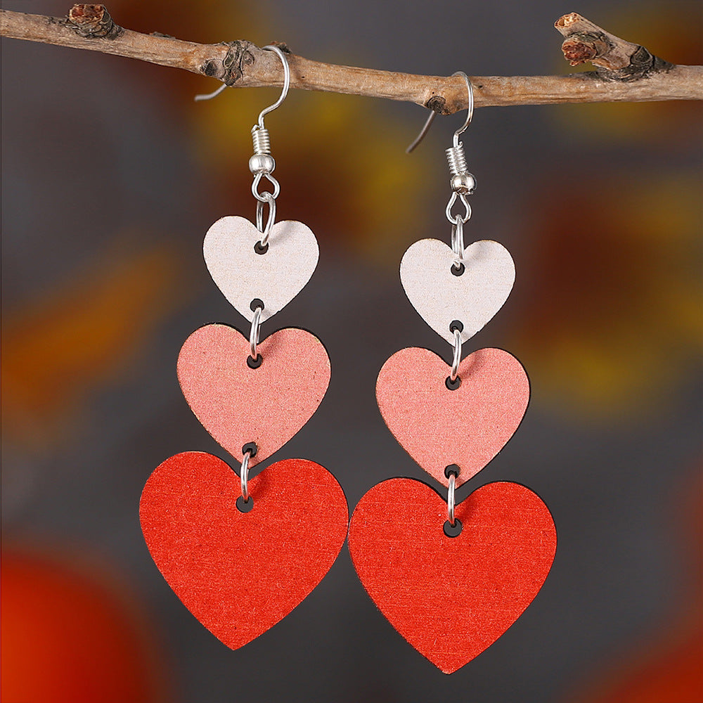 Valentine's Day Gradient Heart Double-Sided Wooden Earrings