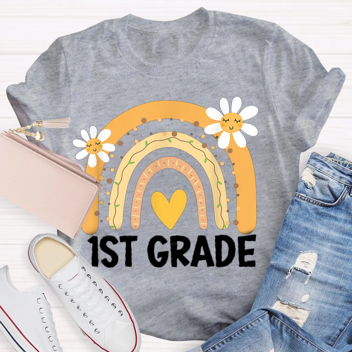 Personalized Grade Rainbow Flowers Teachers T-shirt