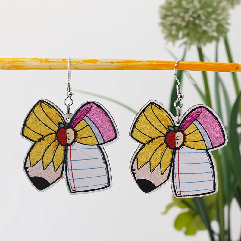 Back to school season bow pencil wooden earrings