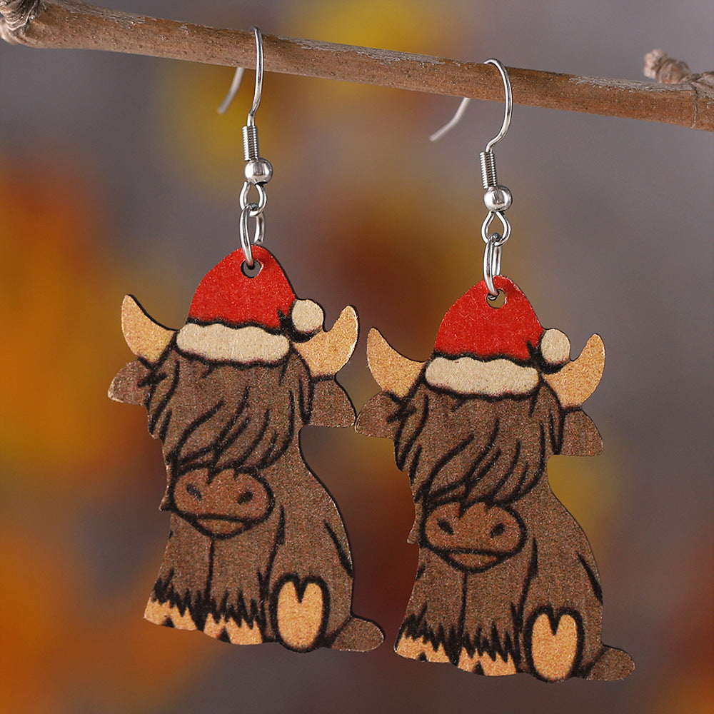 Western-style Santa Hat Alpine Cow Pendant Earrings