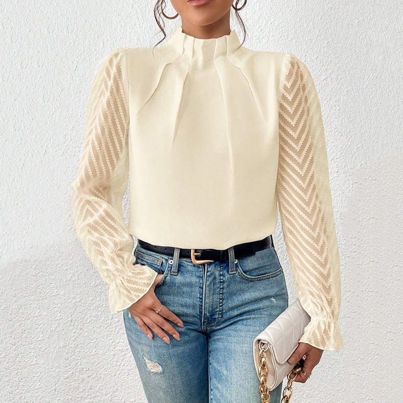 High Collar Patchwork Wavy Pattern Chiffon Long Sleeves Shirt