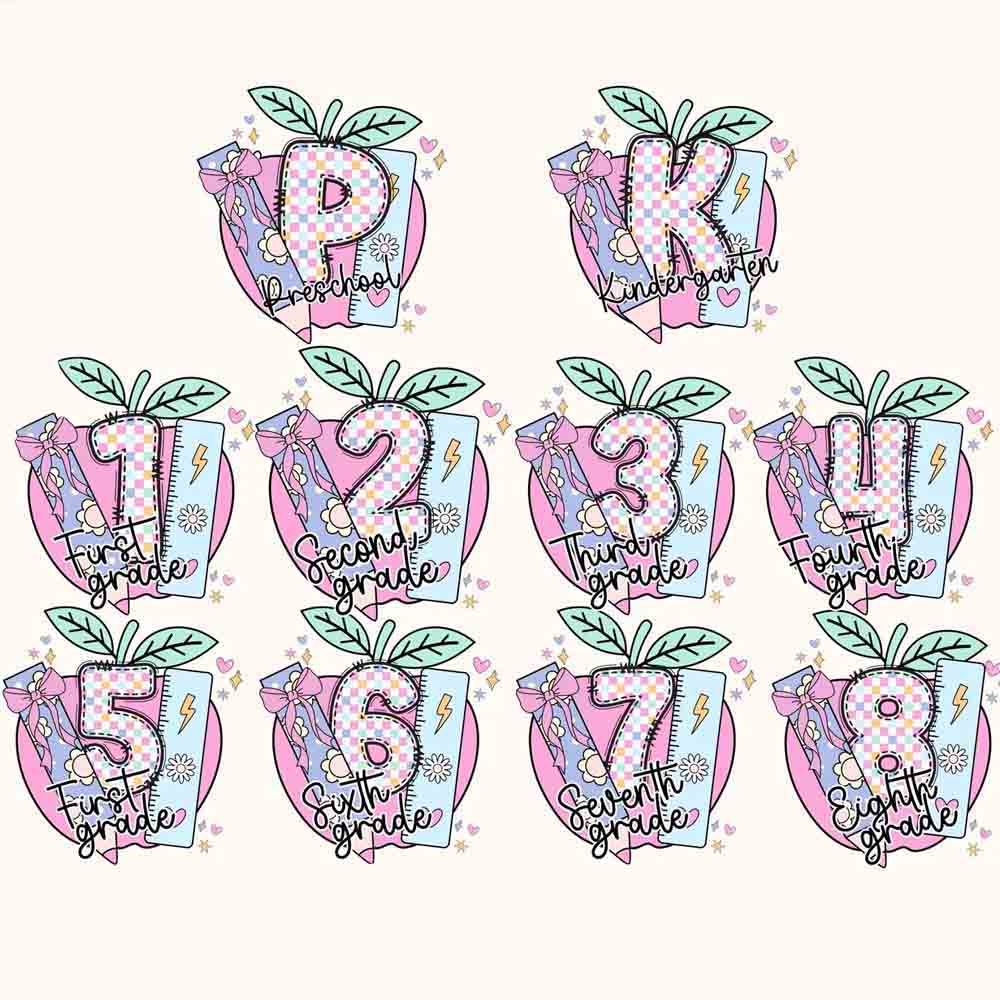 Personalized Grade Pink Apple And Colorful Plaid Print Teacher T-Shirt