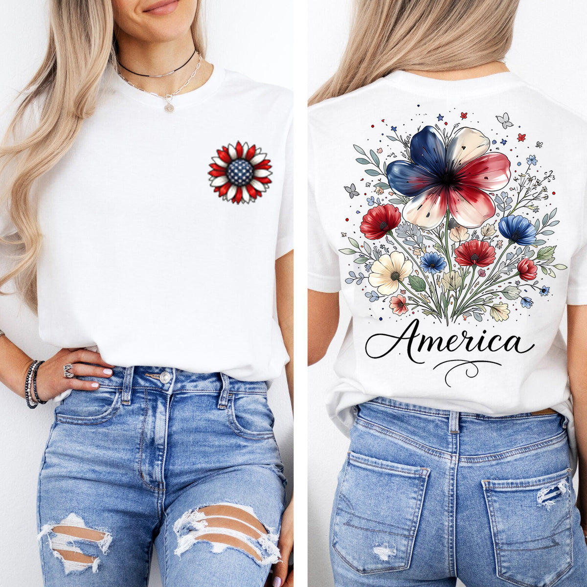 America Flowers Graphics Double Printed T-shirt