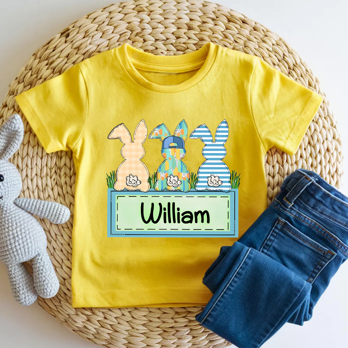 Personalized Name Rabbit Checkered Pattern Toddler T-shirts