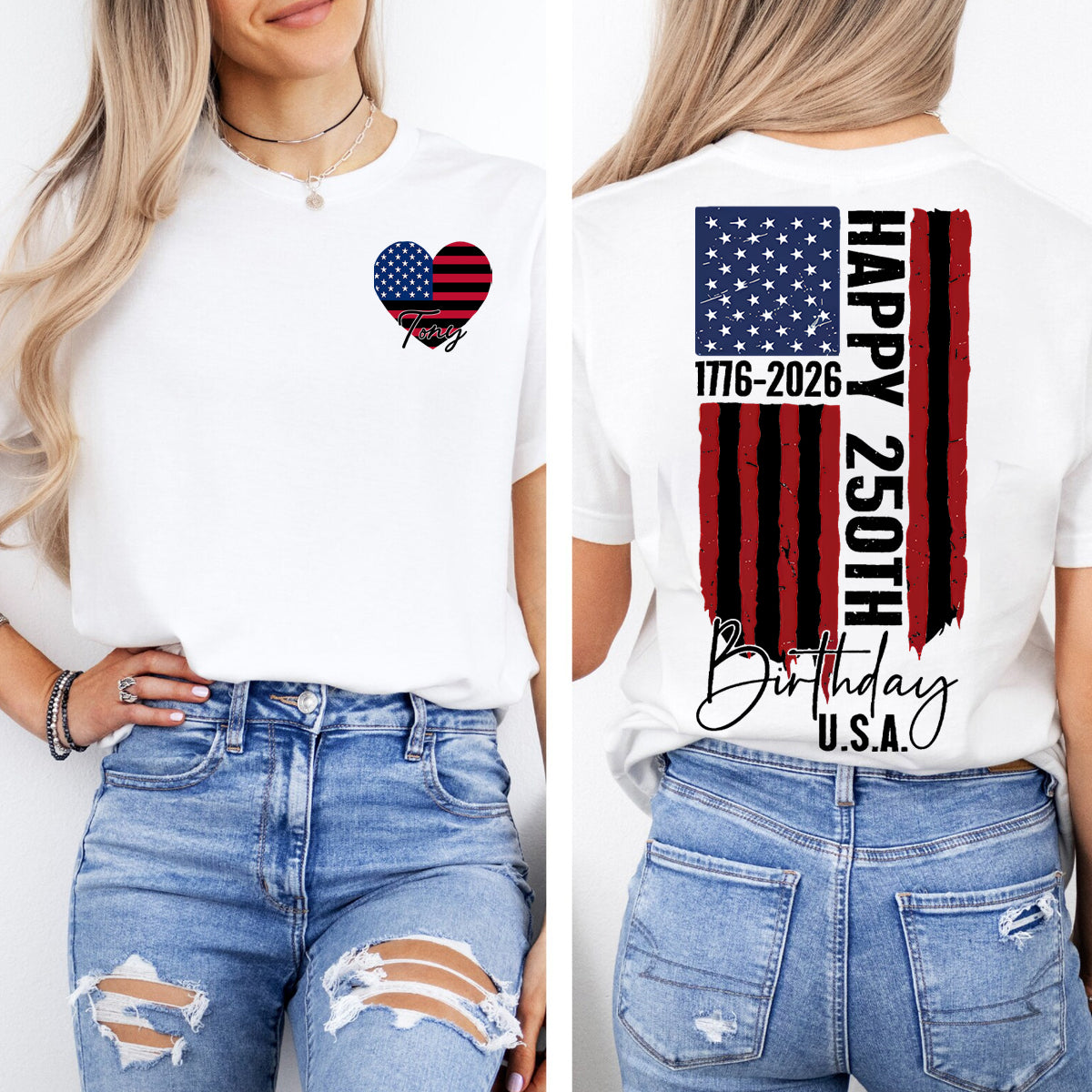 Personalized Name Happy 250th Birthday U.S.A. Double Printed T-shirt