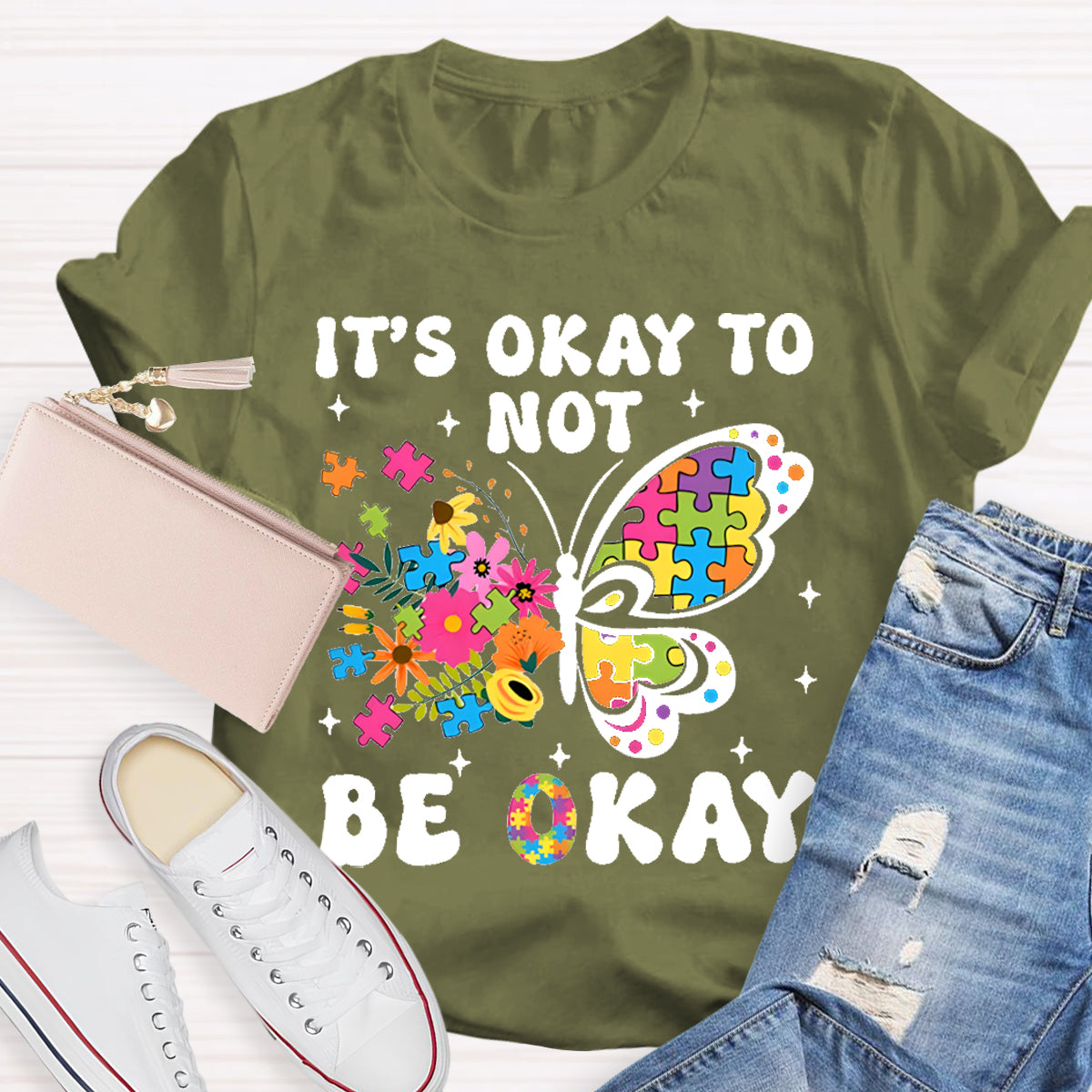 It's Ok To Not Be Okay Butterfly  Teacher T-Shirt