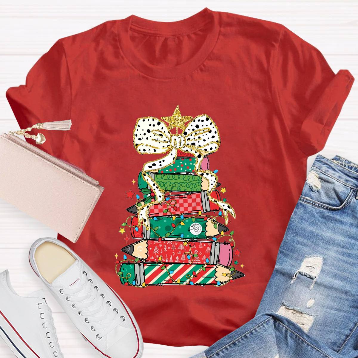 Pencil Tree Bow Teacher T-Shirt