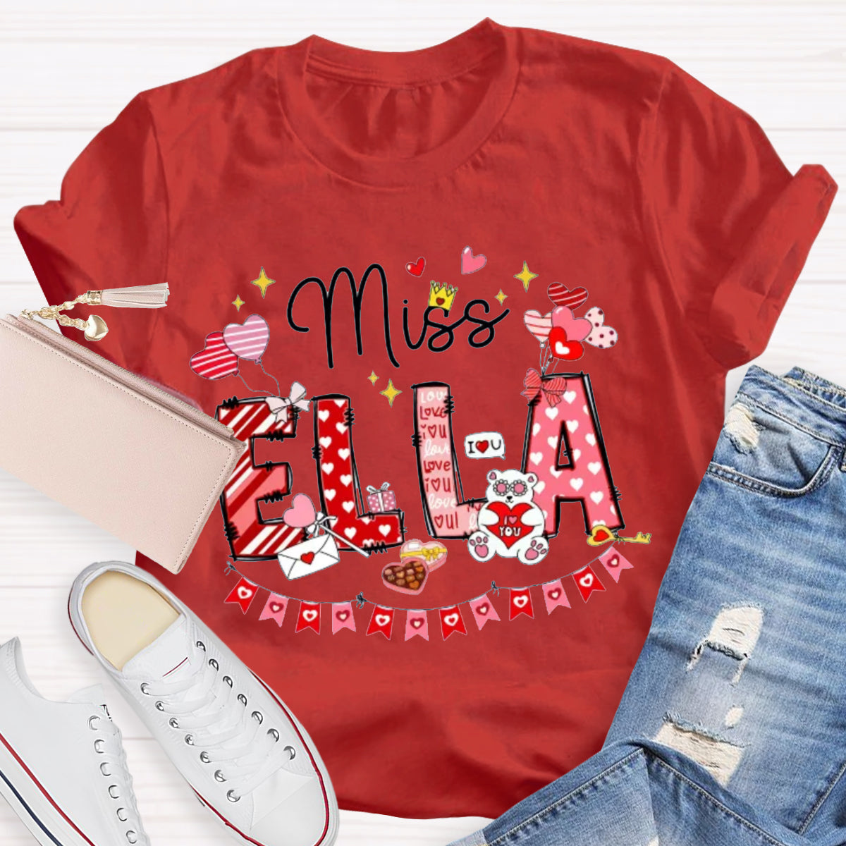 Personalized Name Valentine's Day Miss Ella Teacher T-Shirt