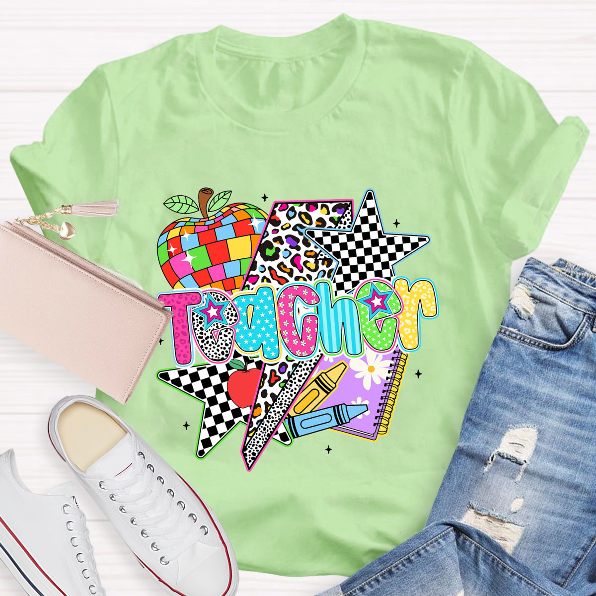 Colorful Leopard Apple Teacher Back To School T-Shirt