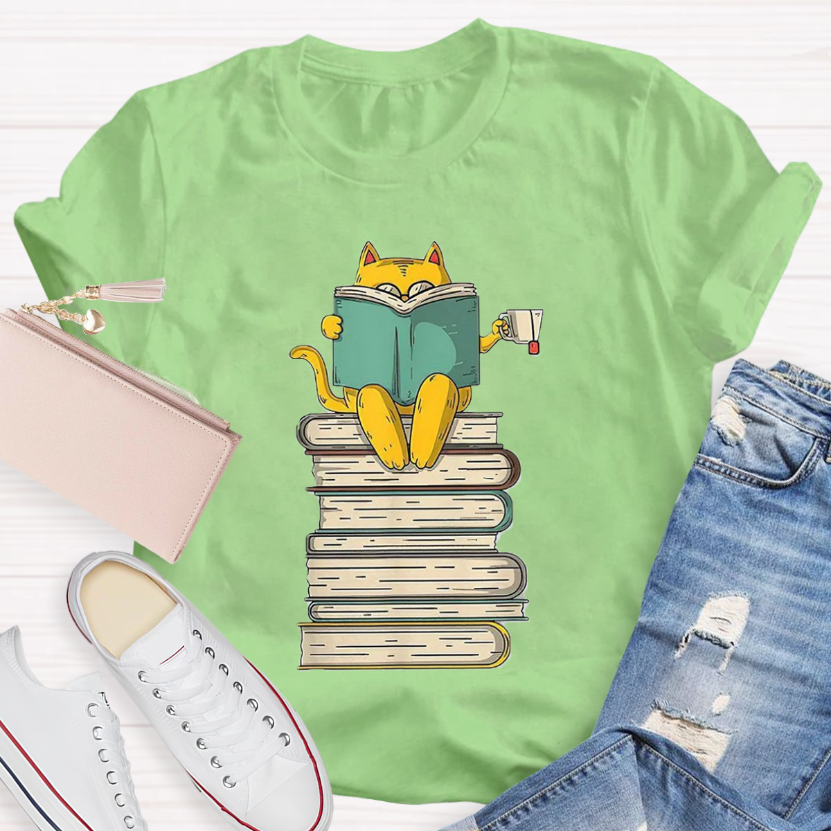 Reading Cat Funny Book & Tea Lover T-Shirt