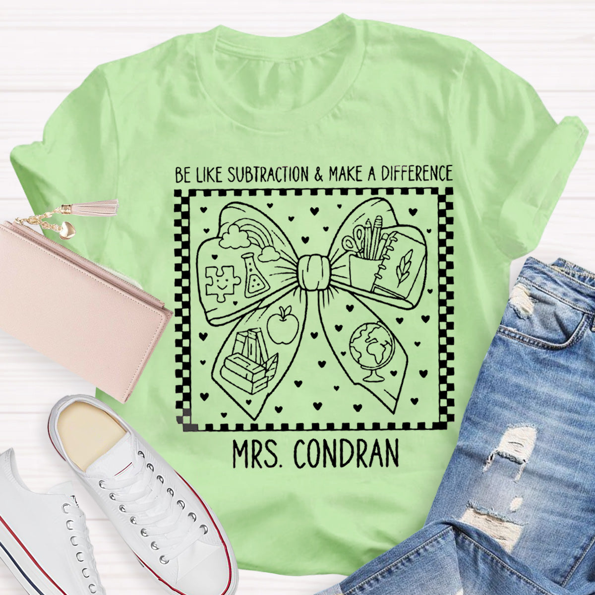Personalized Name Be Like Subtraction Make A Difference Bow Teacher T-Shirt