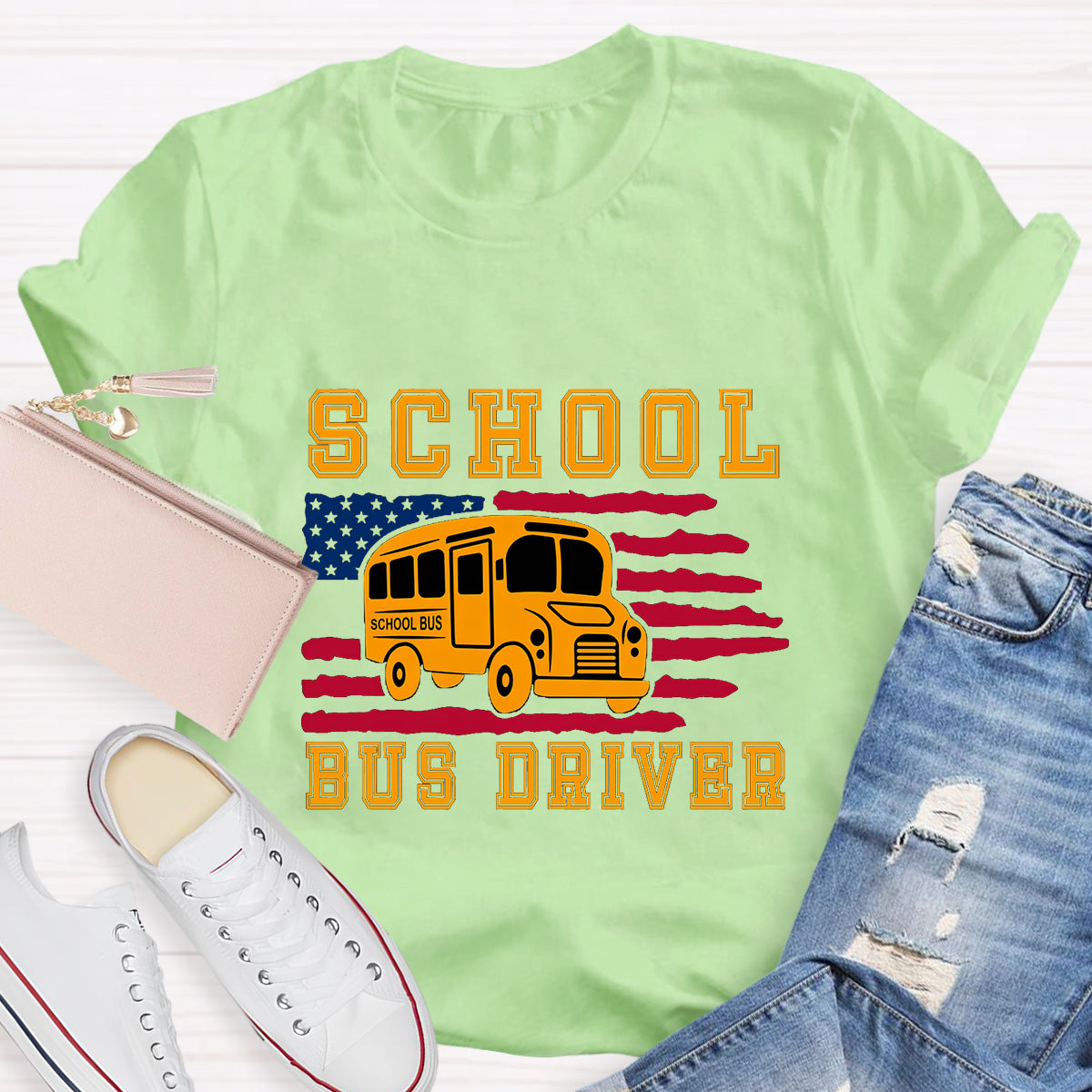 School Bus Driver US Flag T-Shirt