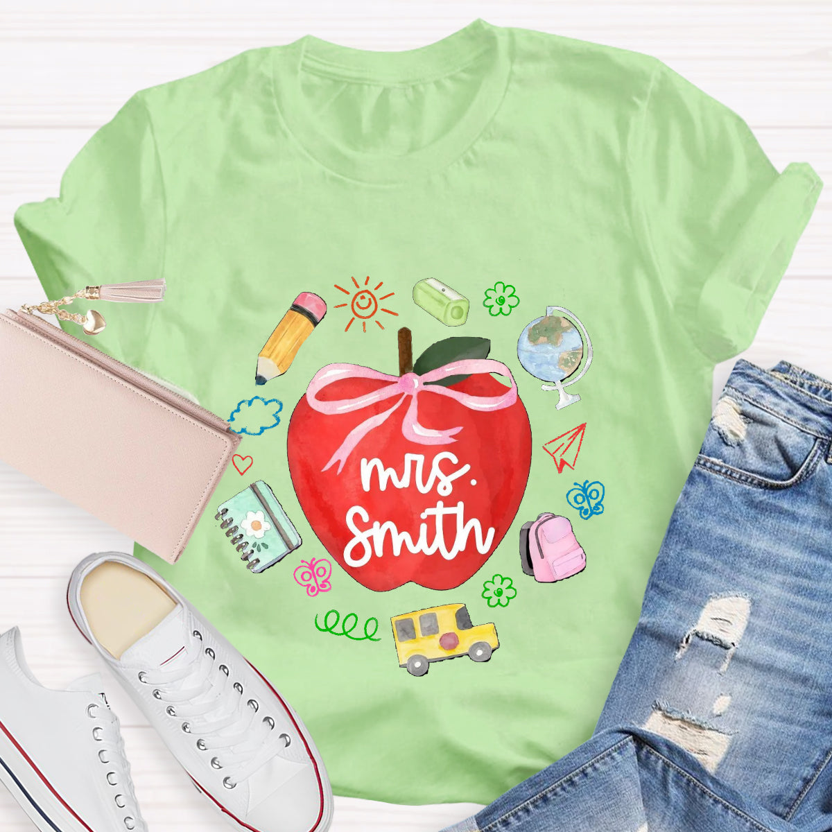 Personalized Name Red Apple Teacher T-Shirt