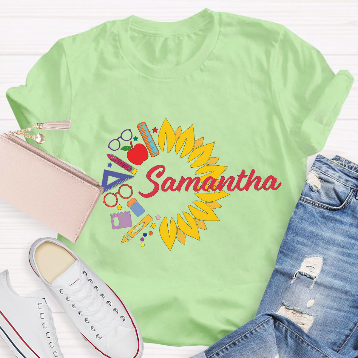 Personalized Name Sunflower Pencil Samantha Teacher T-Shirt