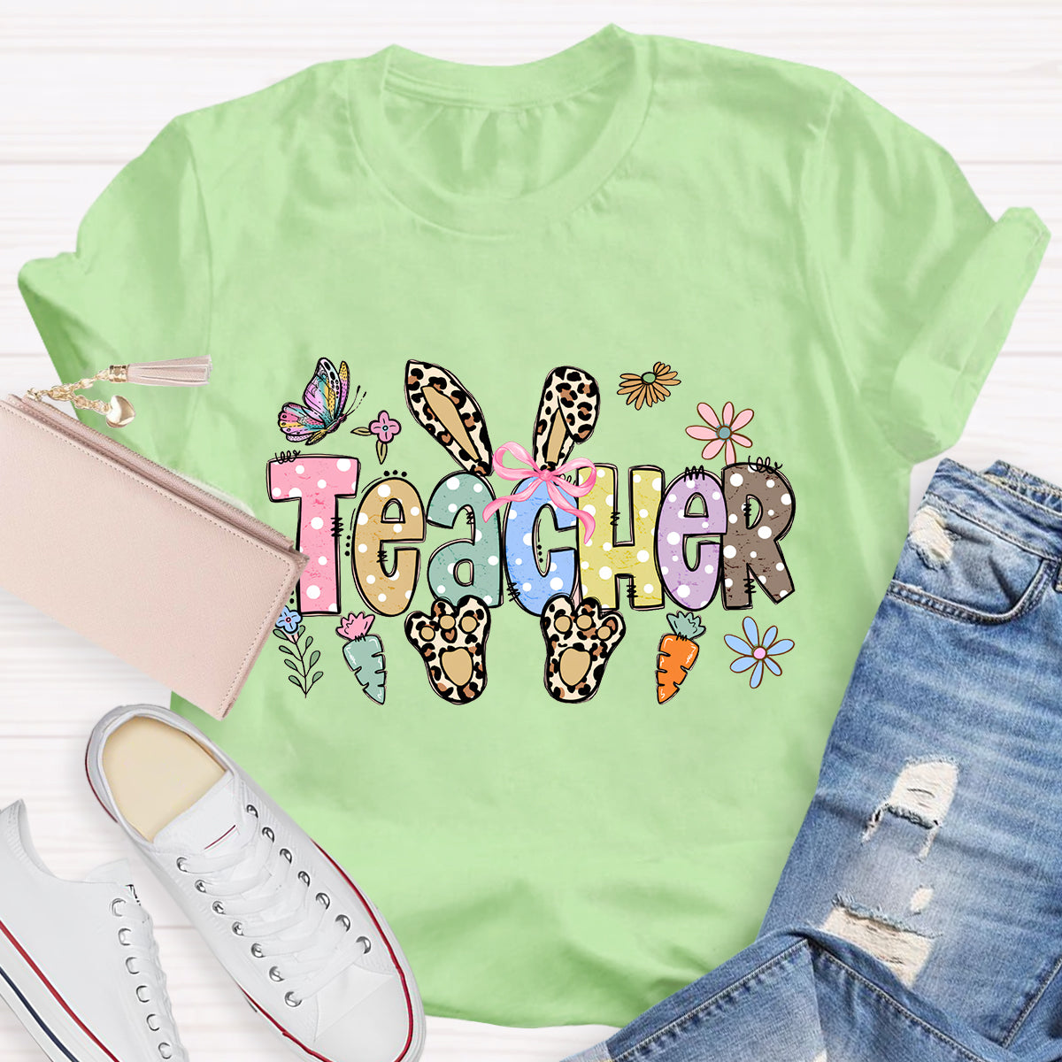 Leopard Happy Easter Bunny Teacher T-Shirt