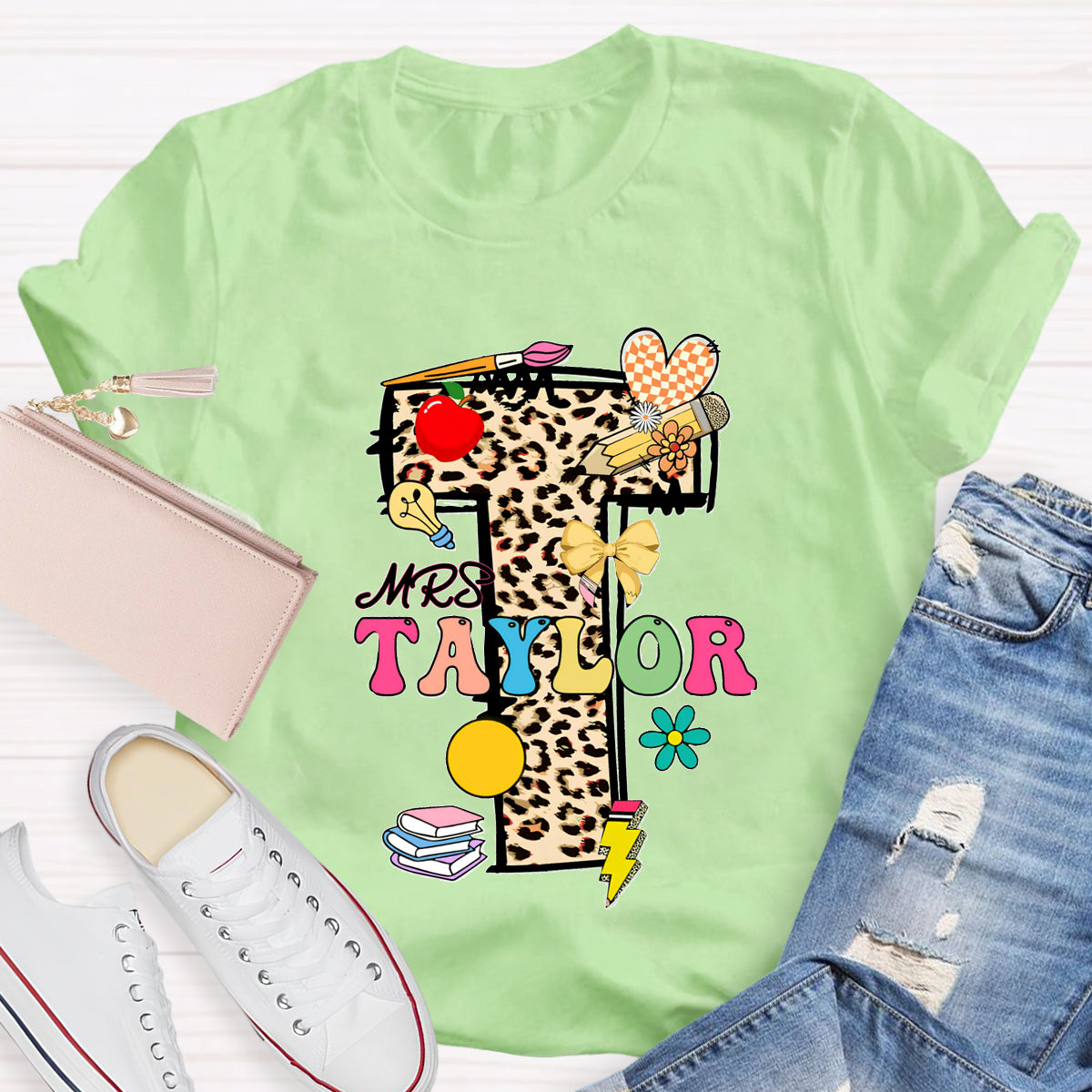 Personalized Name Leopard print Letter Teacher T-Shirt