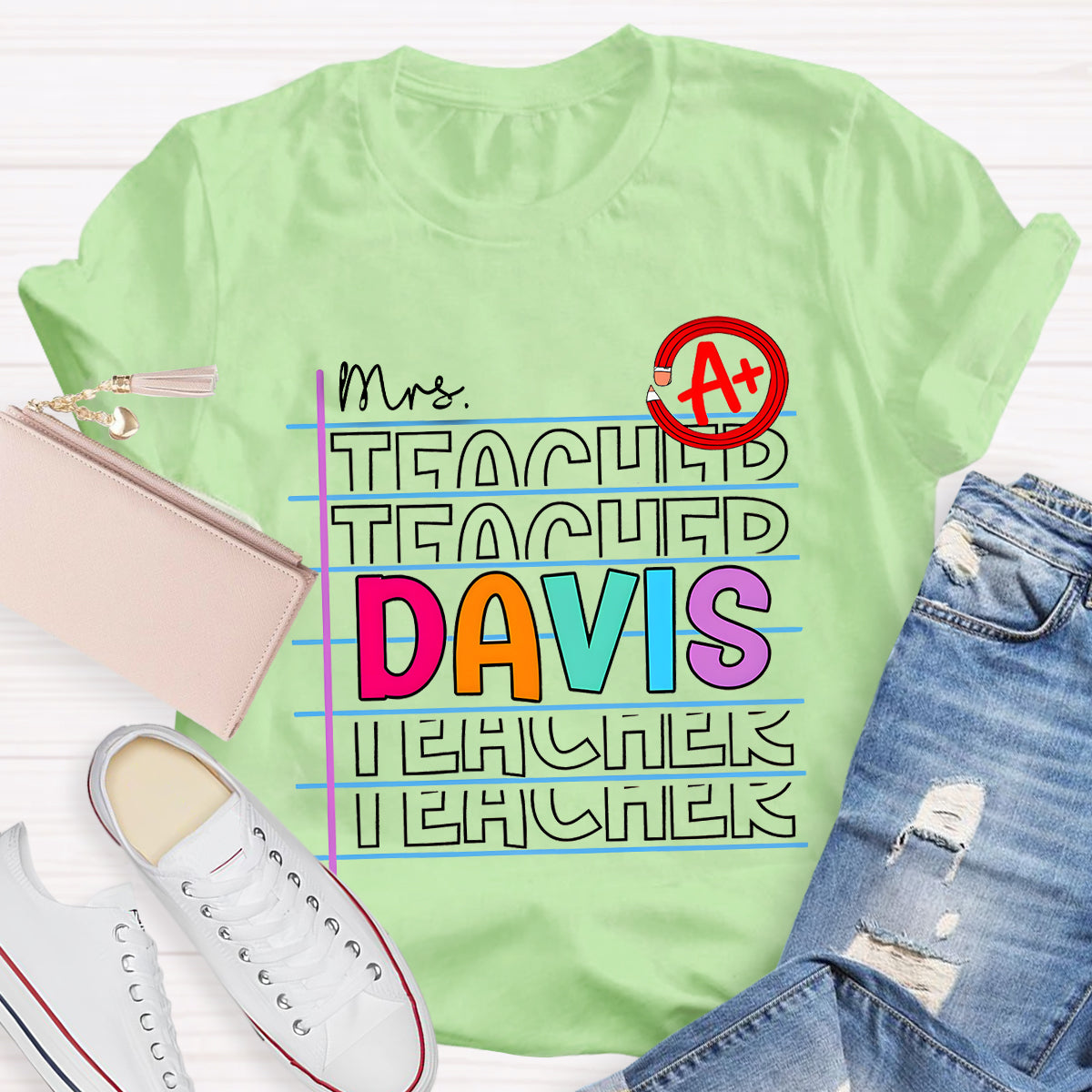 Personalized Name Colorful Letters Teacher T-Shirt