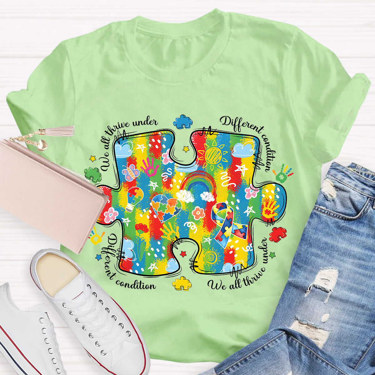 We All Think Under Different Condition Rainbow Puzzle Teacher T-Shirt