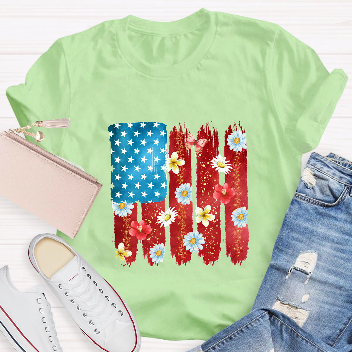 US Flag Flower Strip Star Teacher T-Shirt