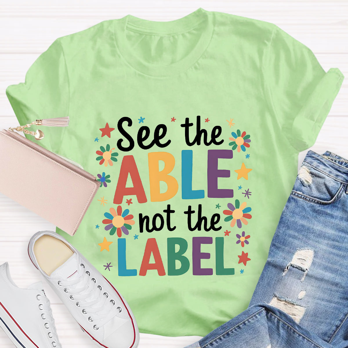 Floral See The Able Not the Label Teacher T-Shirt