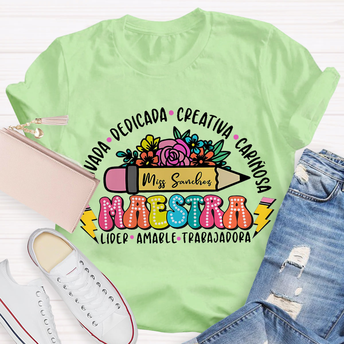 Personalize Name Maestra  Pencil  Teacher T-Shirt