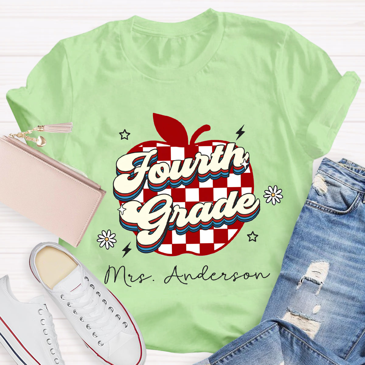Personalized Grade And Name Apple Chessboard Pattern T-Shirt