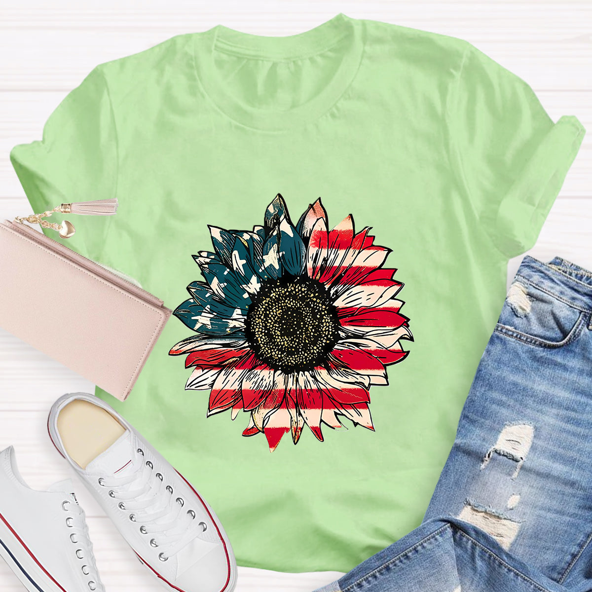 US Flag Flower Teacher T-Shirt