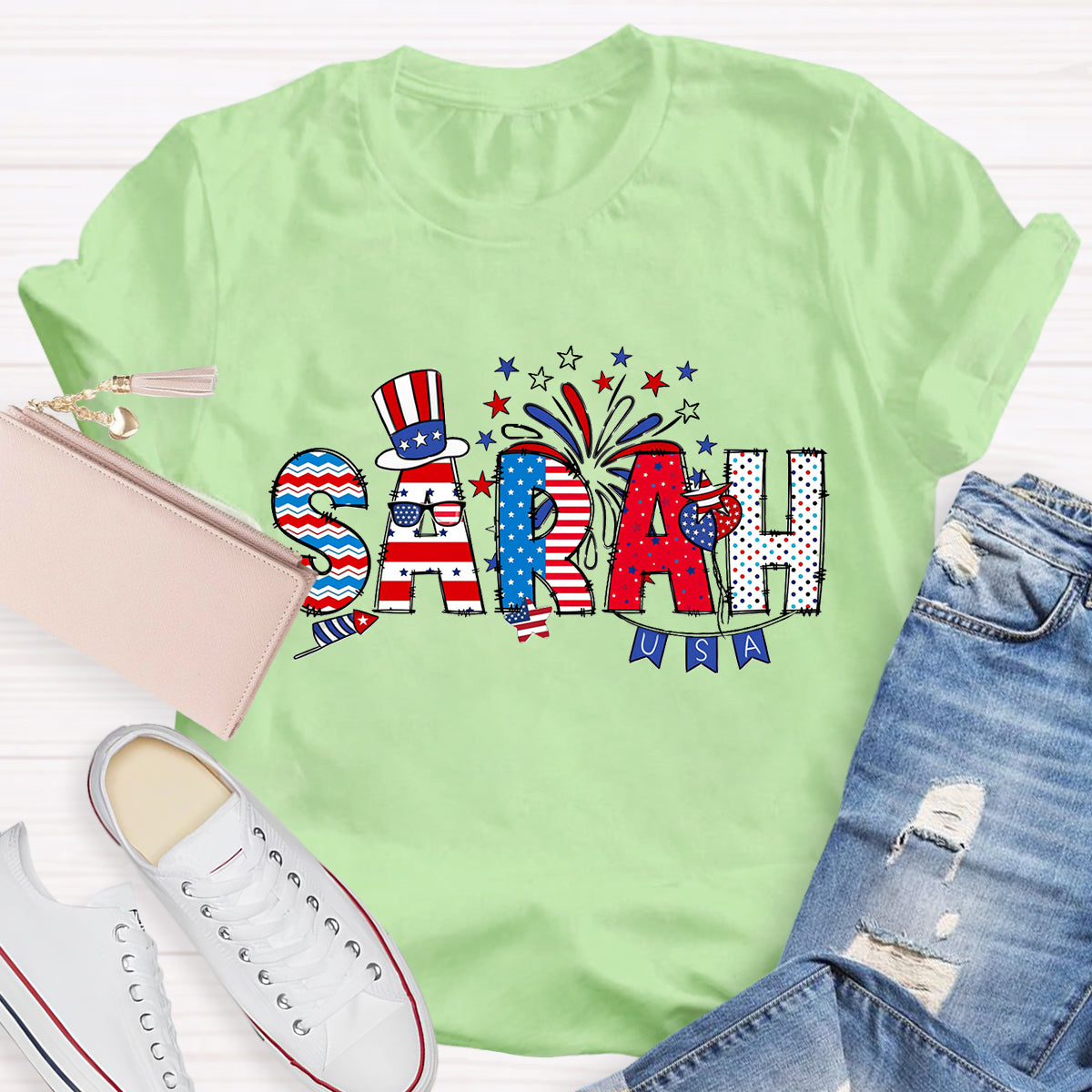 Personalized Independence Day Name Teacher T-Shirt