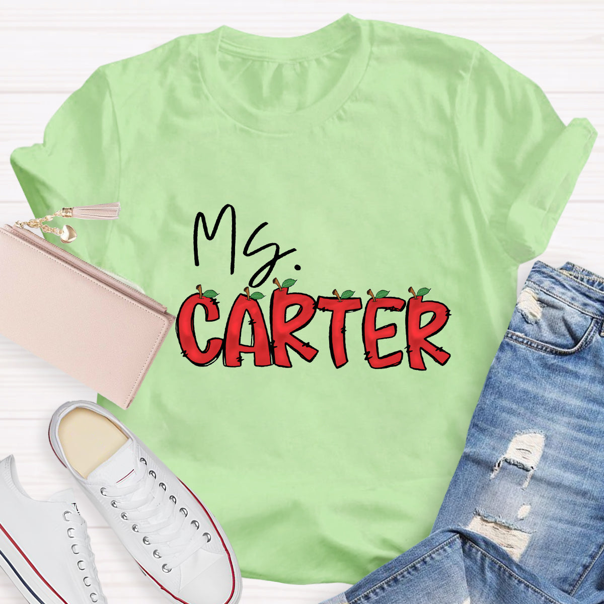 Personalized Teacher's Name Red Apple Letter  T-Shirt