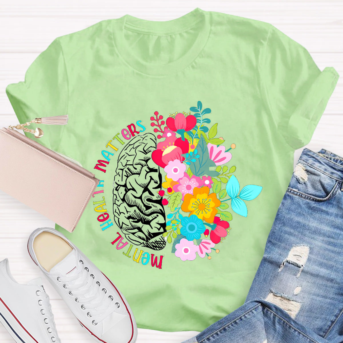 Mental Health Matters Floral Brain Teacher T-Shirt