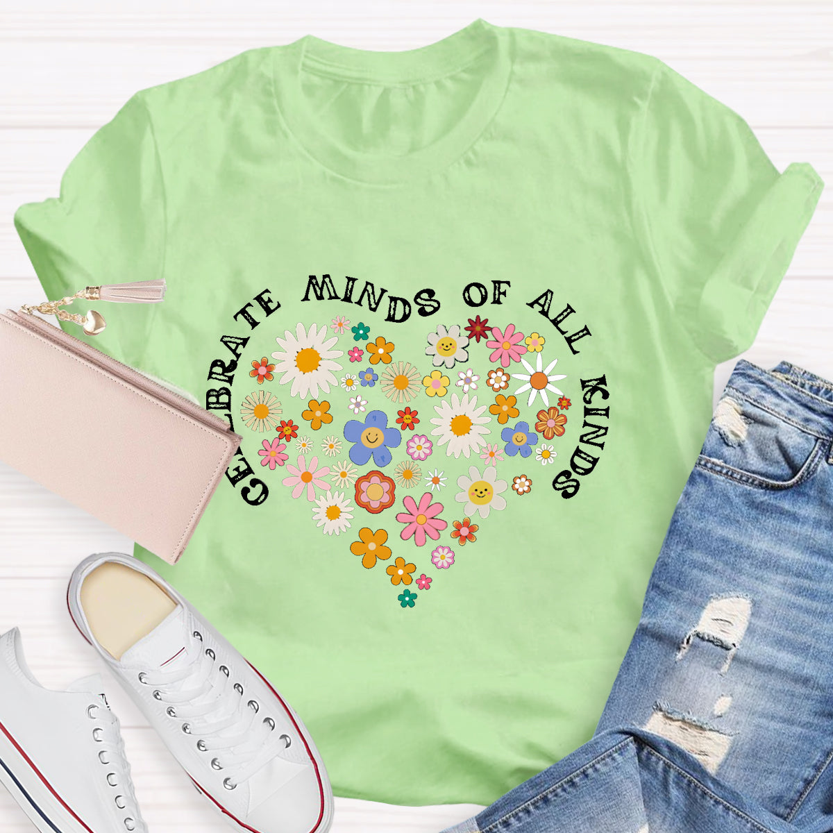 Celebrate Minds of All Kinds Floral Heart T-Shirt