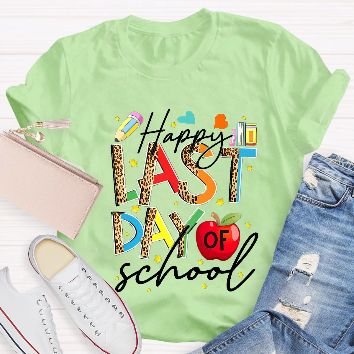 Happy Last Day Of School Leopard Printed Teacher T-Shirt