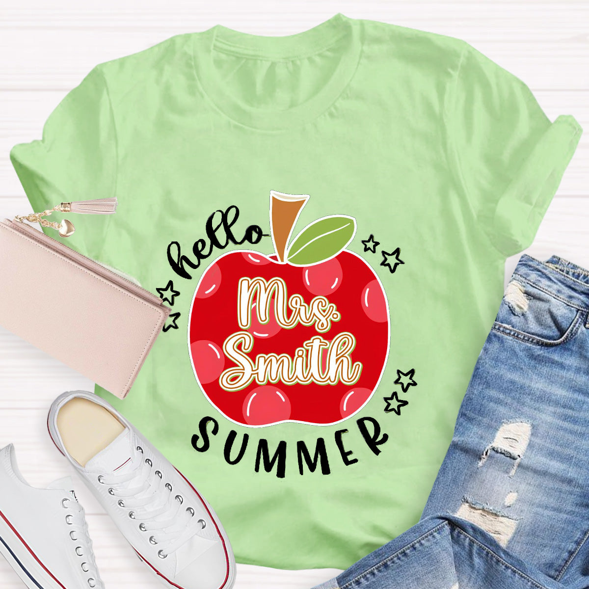 Personalized Name Apple Hello Summer Teacher T-Shirt