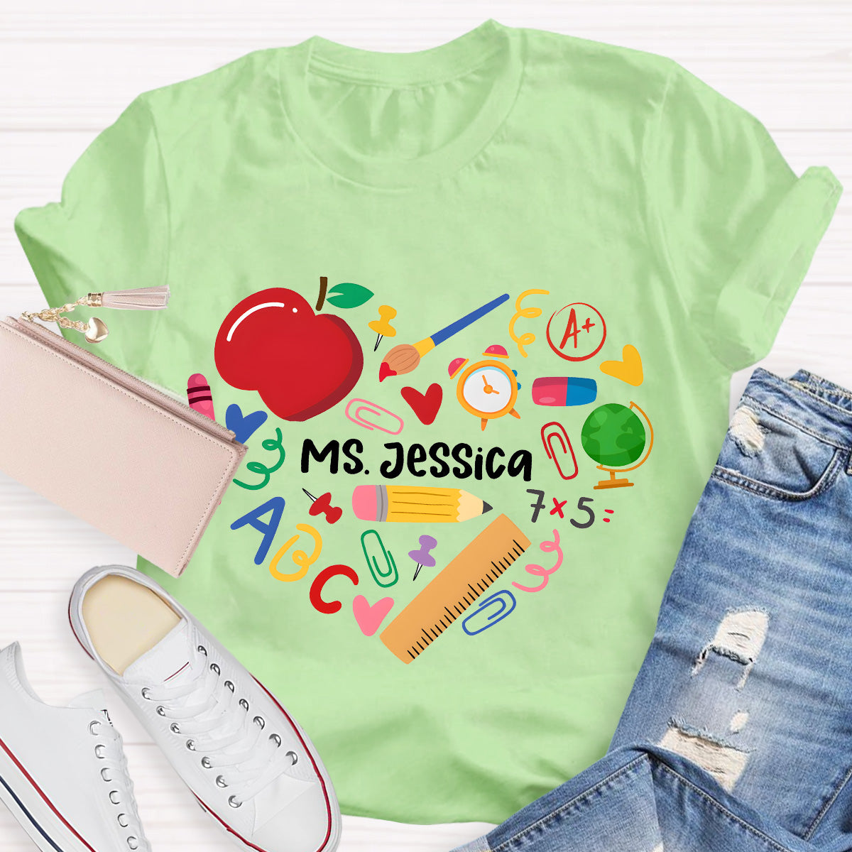 Personalized Name Apple And Heart Teacher T-Shirt